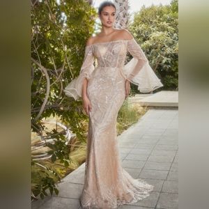 Champagne gold off the shoulder long sleeve floor length gown